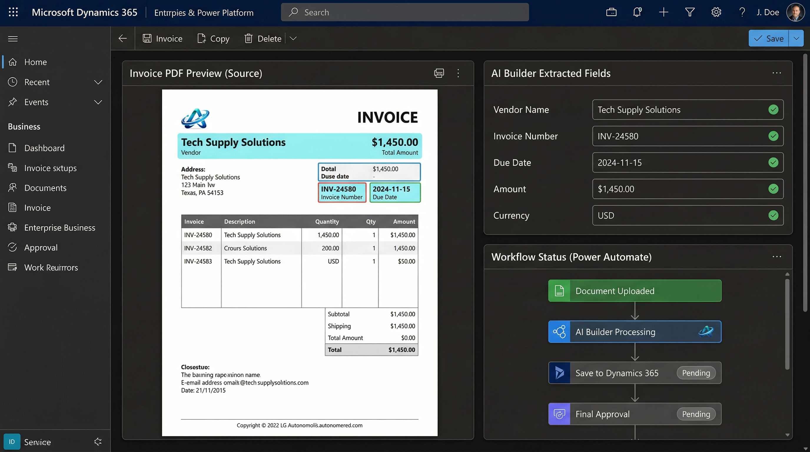AI Builder invoice processing inside D365 Finance showing extracted fields