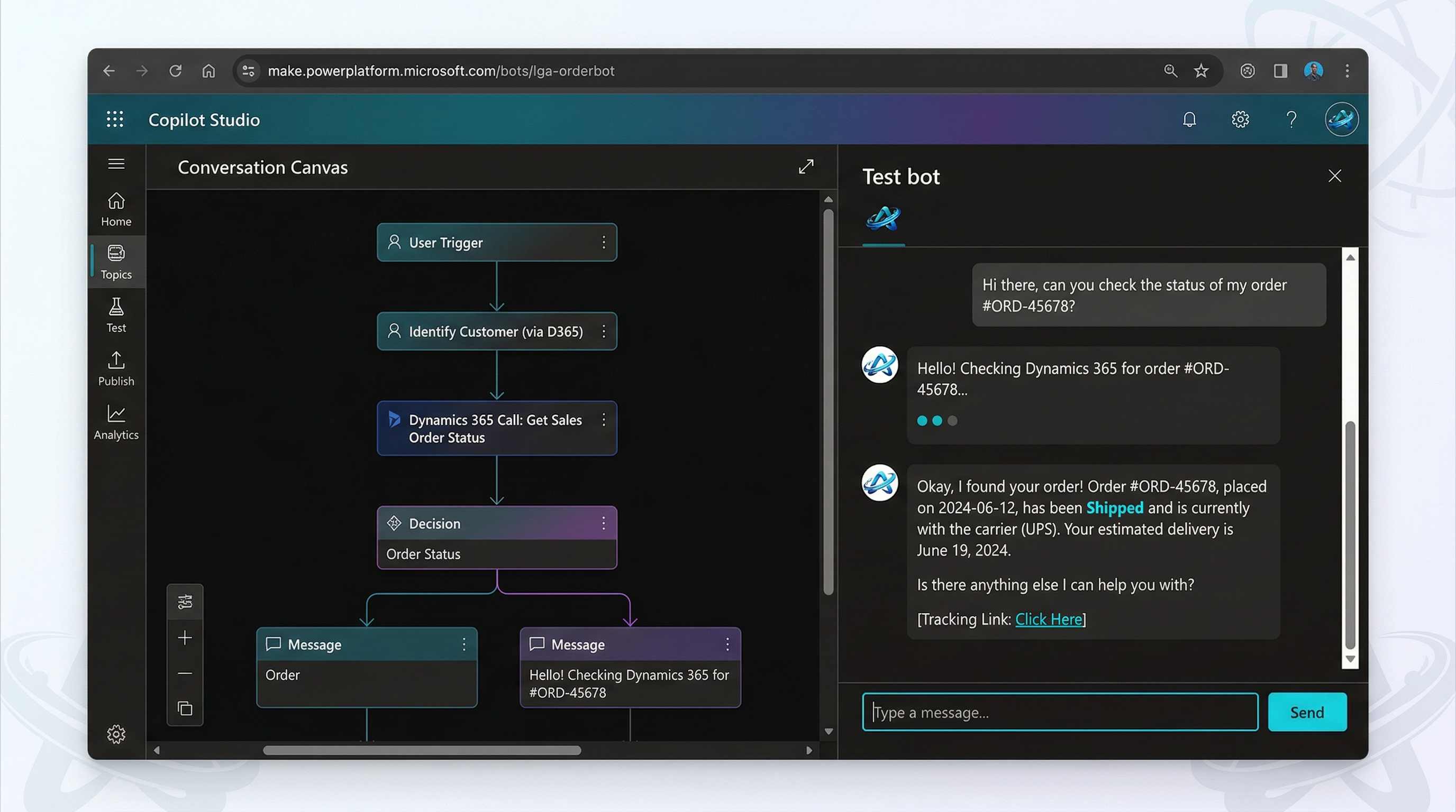 Copilot Studio bot embedded in D365 Sales showing order status lookup