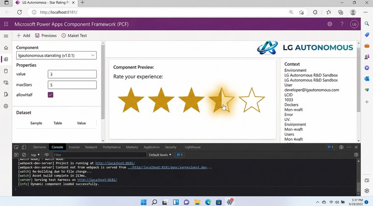 PCF test harness running in browser showing the star rating control